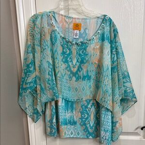 Ruby Rd. Aqua and Coral Patterned Blouse